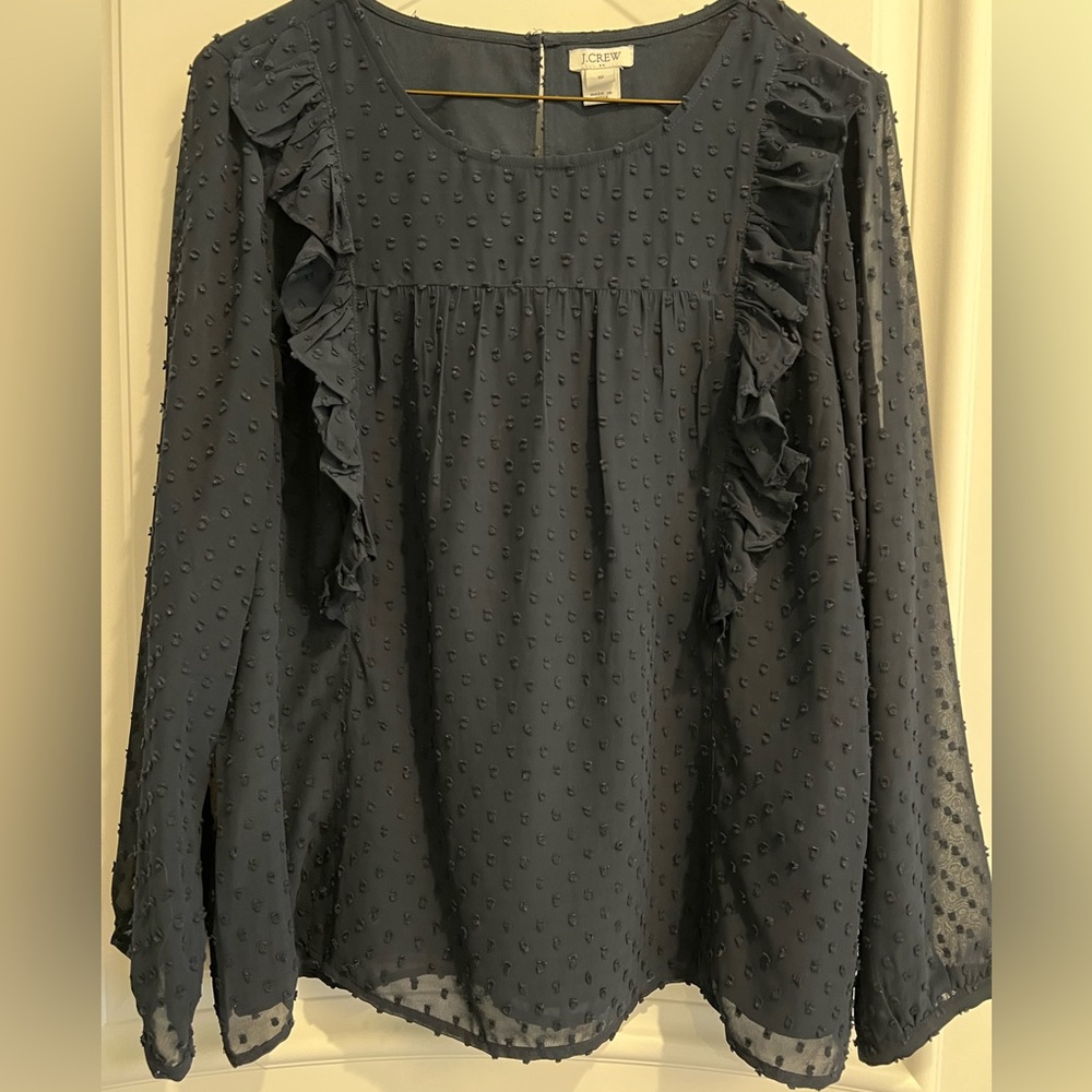 J Crew Navy Ruffle Front Top in Clip Dot Design